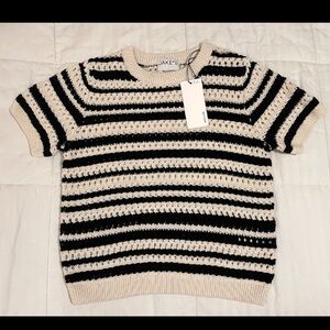 NWT Jake*s Crochet Short Sleeved Sweater Women Med Cream Black Striped Cotton